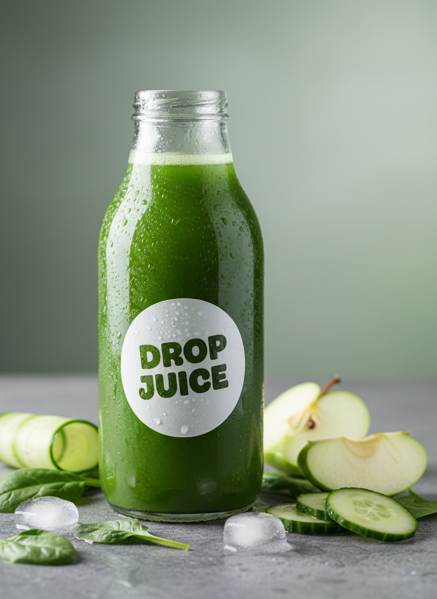 A close-up, photographic shot of a frosty green detox juice in a thick-walled, clear glass bottle with a matte white label reading “Drop Juice” in bold, playful typography. The bottle stands slightly off-center on a cool gray stone surface, surrounded by fresh spinach leaves, sliced cucumber rounds, glistening green apple wedges, and a few melting ice cubes. Soft studio lighting from the right creates gentle highlights along the bottle’s curves and subtle reflections on the moist ingredients. The background fades into a smooth, blurred gradient of cool greens. The composition uses the rule of thirds with a shallow depth of field, conveying a crisp, revitalizing, and health-focused mood with a clean, modern, premium photographic style.