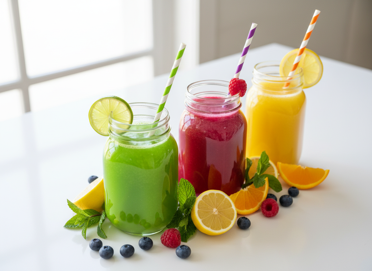 A trio of transparent mason jars overflowing with vividly colored juices—neon green, deep magenta, and sunny yellow—each topped with a playful, striped paper straw and garnished with a precise slice of fruit perched on the rim. The jars are arranged in a diagonal line on a crisp white countertop, surrounded by scattered berries, mint leaves, and halved citrus fruits. Bright, diffused daylight streams in from a large unseen window, creating soft reflections on the glossy liquid surfaces. Captured from a slightly elevated angle with the front jar in sharp focus and the others gently blurred, the composition feels dynamic and fun. The atmosphere is playful and vibrant, with a photographic, editorial style that emphasizes color and freshness.