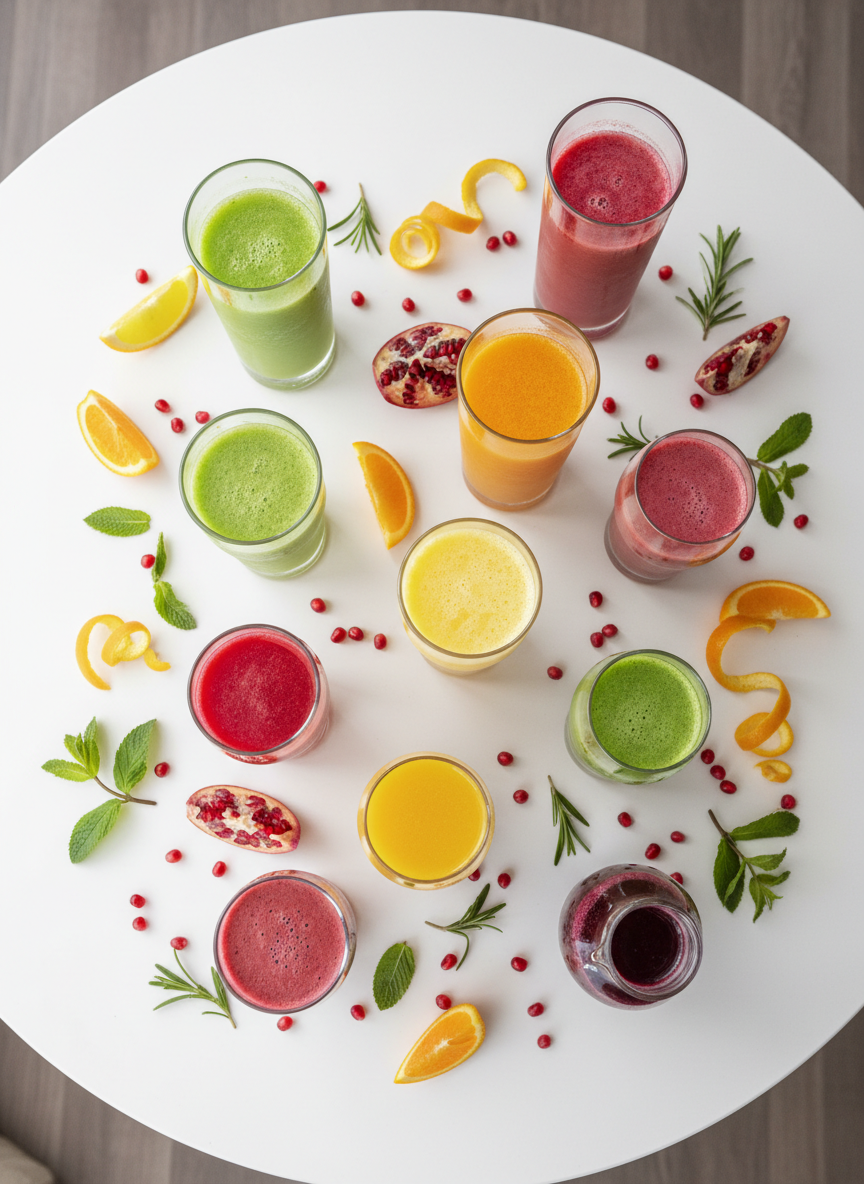 A wide, overhead shot of a round, white table bursting with an artful rainbow of freshly made juices in various glass shapes: tall tumblers, squat juice glasses, and small carafes. Each glass contains a different hue—lime green, ruby red, sunset orange, tropical yellow, and deep berry purple—arranged in a loose gradient. Around them sit neatly sliced fruits, scattered pomegranate jewels, spirals of citrus peel, and sprigs of herbs, creating a lively, organized chaos. Soft, even natural light from above removes harsh shadows, making the colors pop with photographic realism. The mood is joyful, playful, and abundant, with a flat-lay composition that feels modern, social-media-ready, and visually satisfying.
