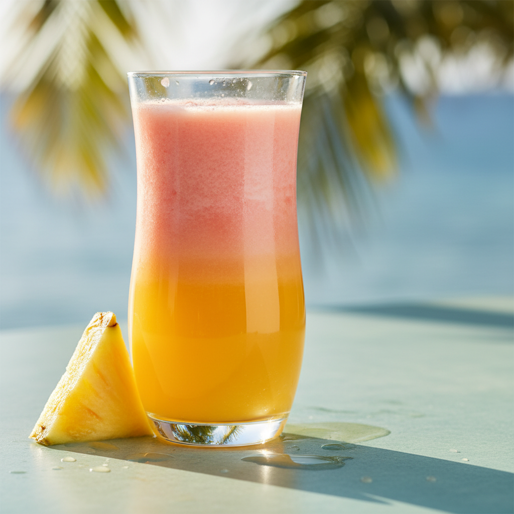 A tall, slightly curved glass brimming with a layered tropical juice: vibrant mango orange at the base, fading into a rosy pink guava layer at the top, separated by a delicate swirl where they meet. Tiny pulp specks and micro-bubbles are visible, emphasizing freshness. The glass rests on a sunlit, pale teal café table, with a few playful juice droplets and a wedge of pineapple leaning against the base. Warm golden hour sunlight streams across from the right, casting elongated, soft-edged shadows and making the colors glow. Shot at a three-quarter angle with a moderate depth of field, the distant background shows a softly blurred hint of palm fronds and turquoise tones. The mood is fun, summery, and escapist, rendered in bright, realistic, high-contrast photography.