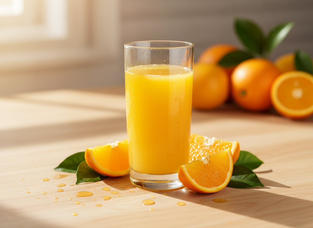 A tall, crystal-clear glass filled to the brim with bright orange, freshly squeezed juice, tiny bubbles clinging to the inside, condensation droplets beading down the sides. The glass stands on a smooth, light birch wood countertop scattered with vibrant orange slices, glossy green leaves, and a few playful juice splashes. Soft morning sunlight pours in from the left, creating sparkling highlights on the liquid and gentle shadows on the wood. Shot at eye level with a shallow depth of field, the background fades into a softly blurred, colorful array of citrus fruits. The mood is energetic, fresh, and inviting, in a clean, modern photographic realism style with vibrant, saturated colors.